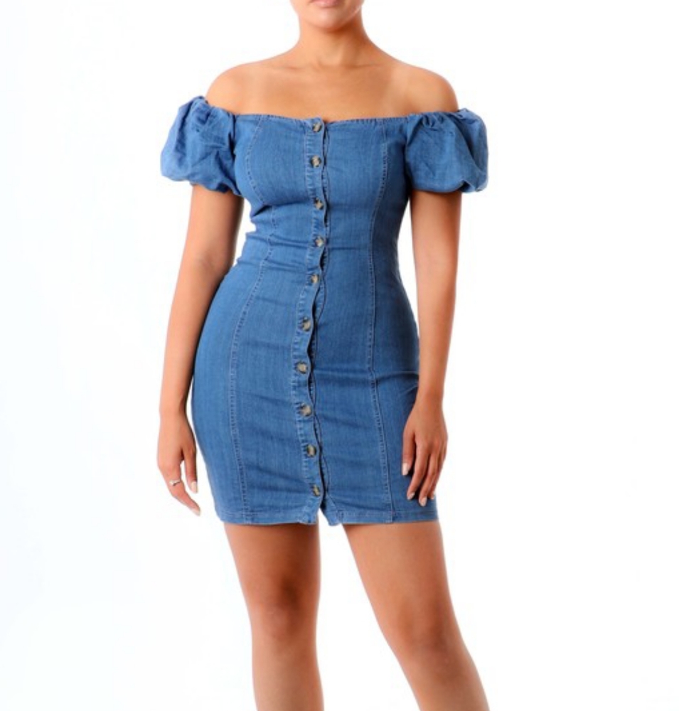 💥Off the Shoulder Puff Sleeve Denim Dress - Picture 2 of 3